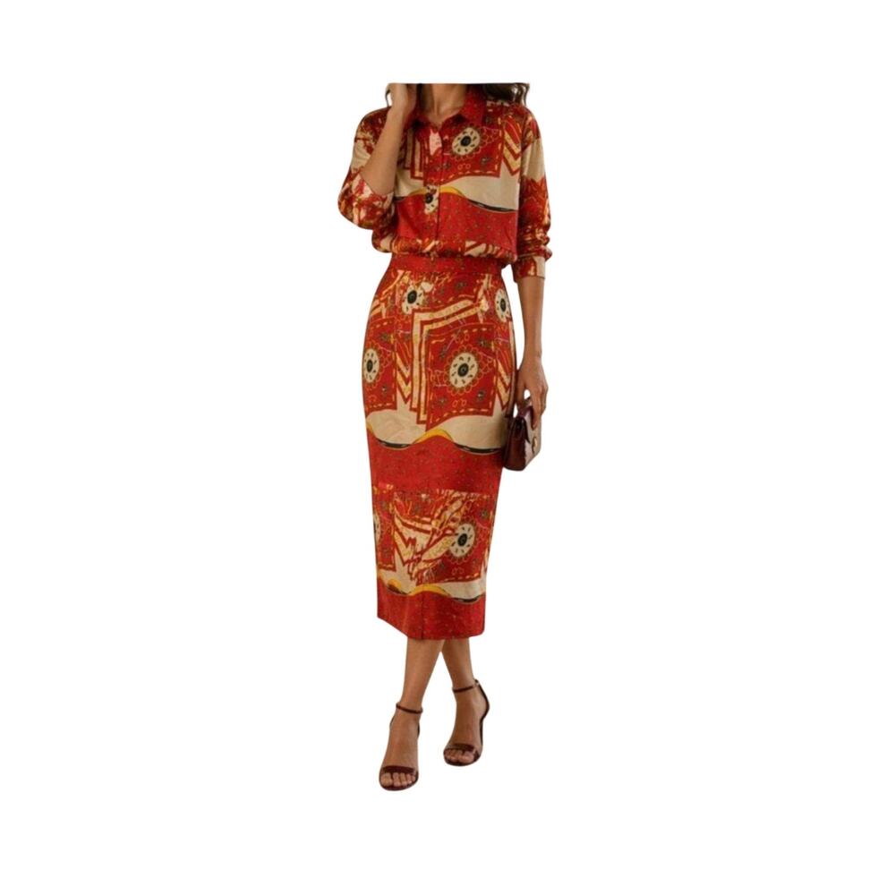 Vintage Alexander Campbell Red Polo Print Skirt Set Size 14 Equestrian USA Made